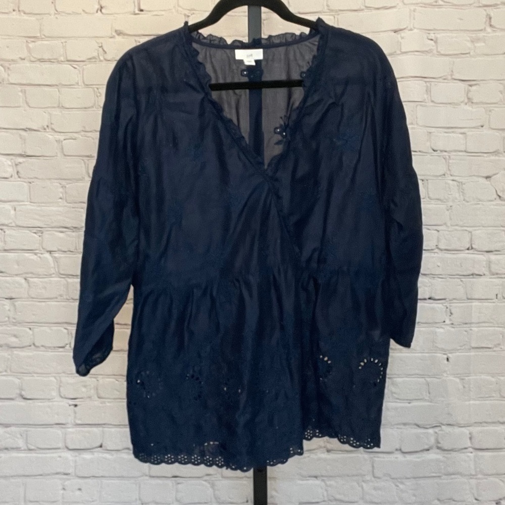 J Jill Navy Blue 3/4 Sleeve Eyelet Lace  Blouse